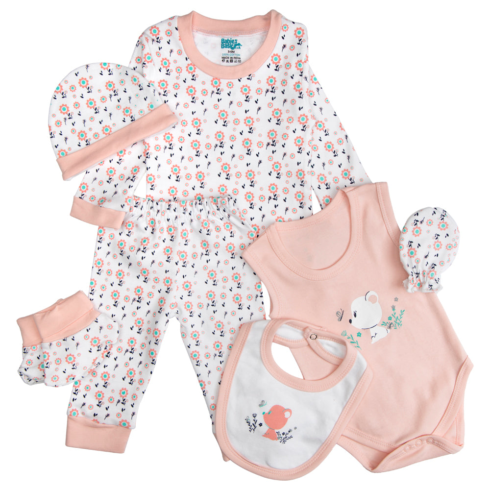 7pc Cotton Set - Bib, Romper, Mittens, Socks, Cap, Top & Pyjama -Pink