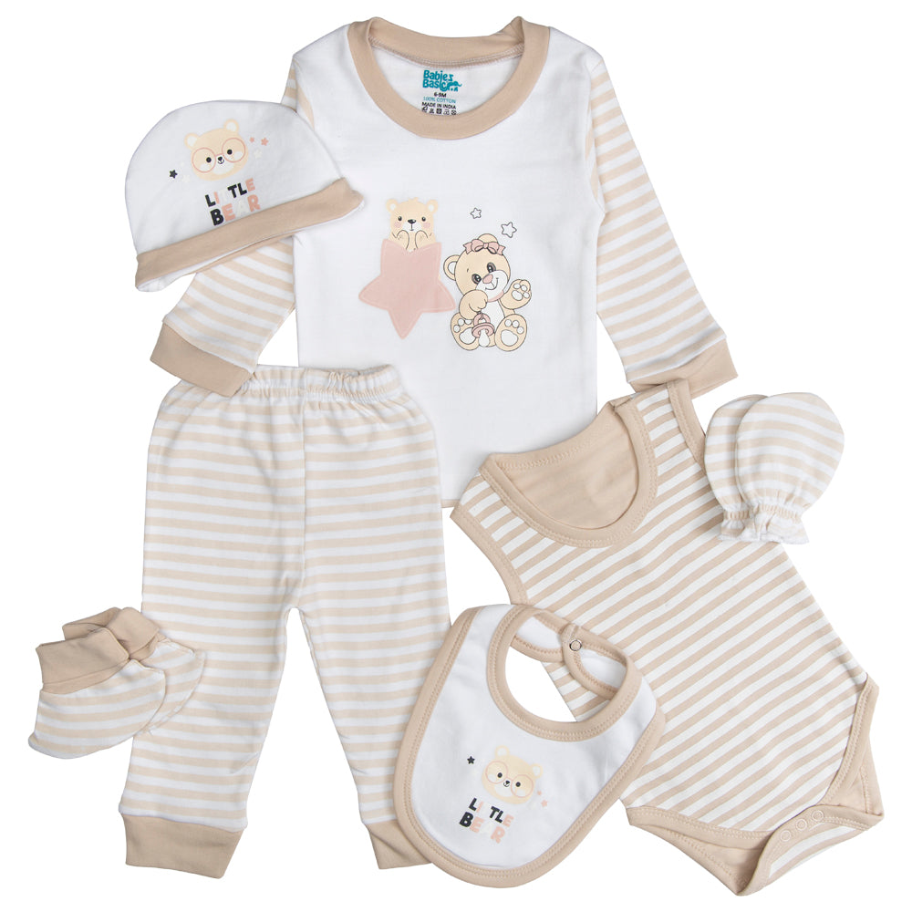 7pc Cotton Set - Bib, Romper, Mittens, Socks, Cap, Top & Pyjama -Brown