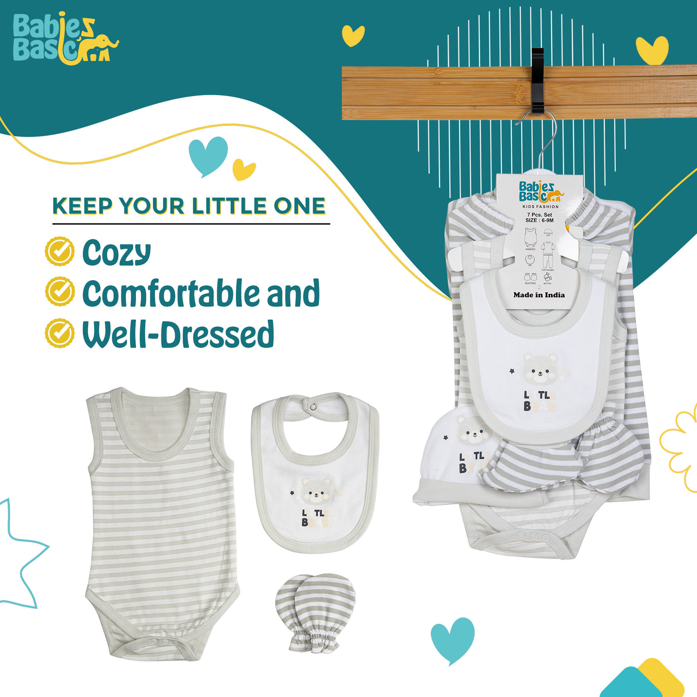 7pc Cotton Set - Bib, Romper, Mittens, Socks, Cap, Top & Pyjama -Grey