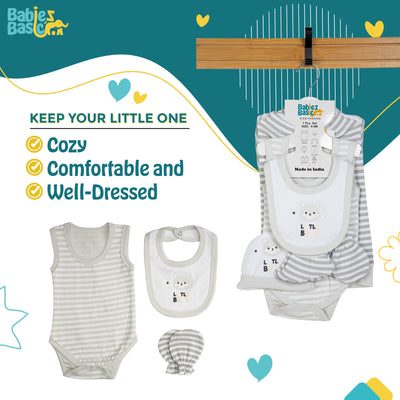 7pc Cotton Set - Bib, Romper, Mittens, Socks, Cap, Top & Pyjama -Grey