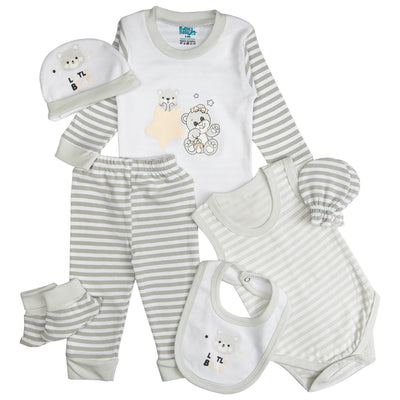 7pc Cotton Set - Bib, Romper, Mittens, Socks, Cap, Top & Pyjama -Grey