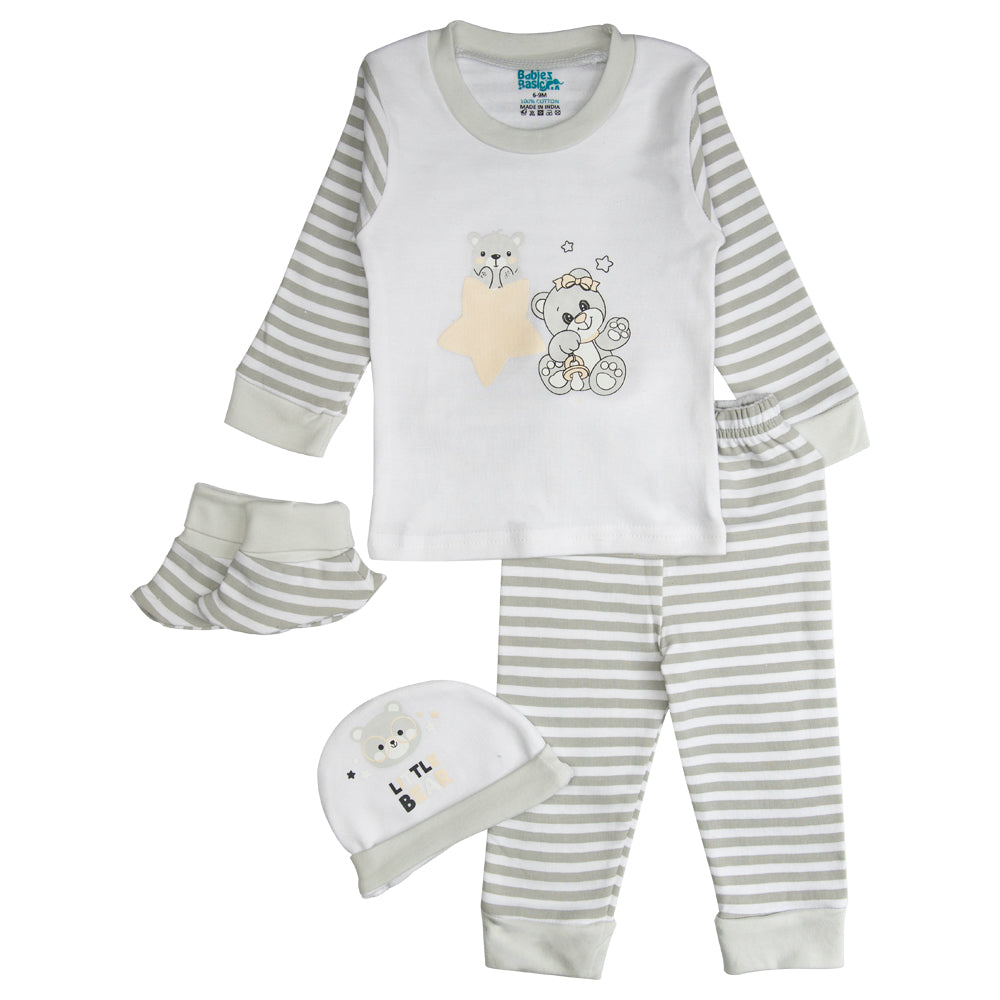 7pc Cotton Set - Bib, Romper, Mittens, Socks, Cap, Top & Pyjama -Grey