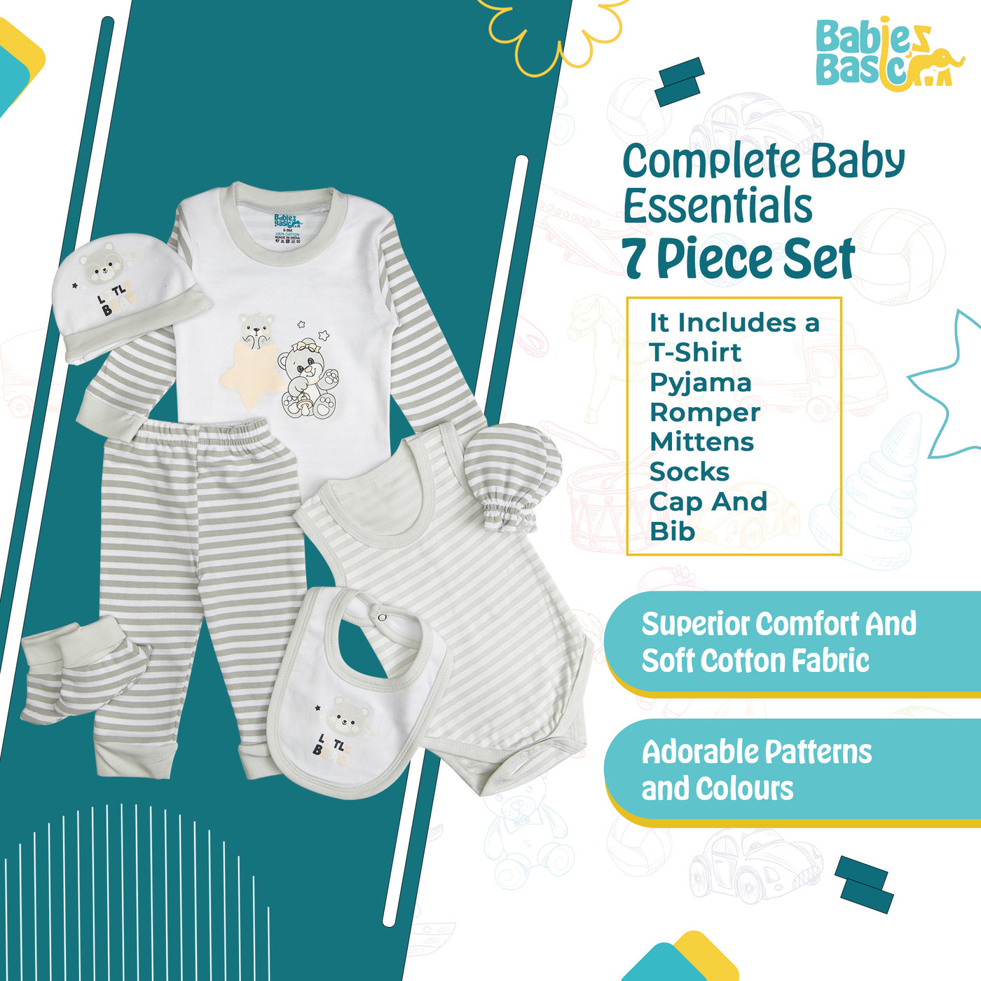 7pc Cotton Set - Bib, Romper, Mittens, Socks, Cap, Top & Pyjama -Grey