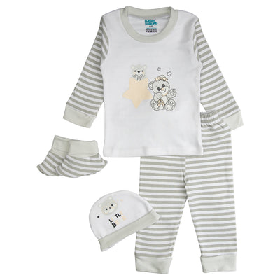 7pc Cotton Set - Bib, Romper, Mittens, Socks, Cap, Top & Pyjama -Grey