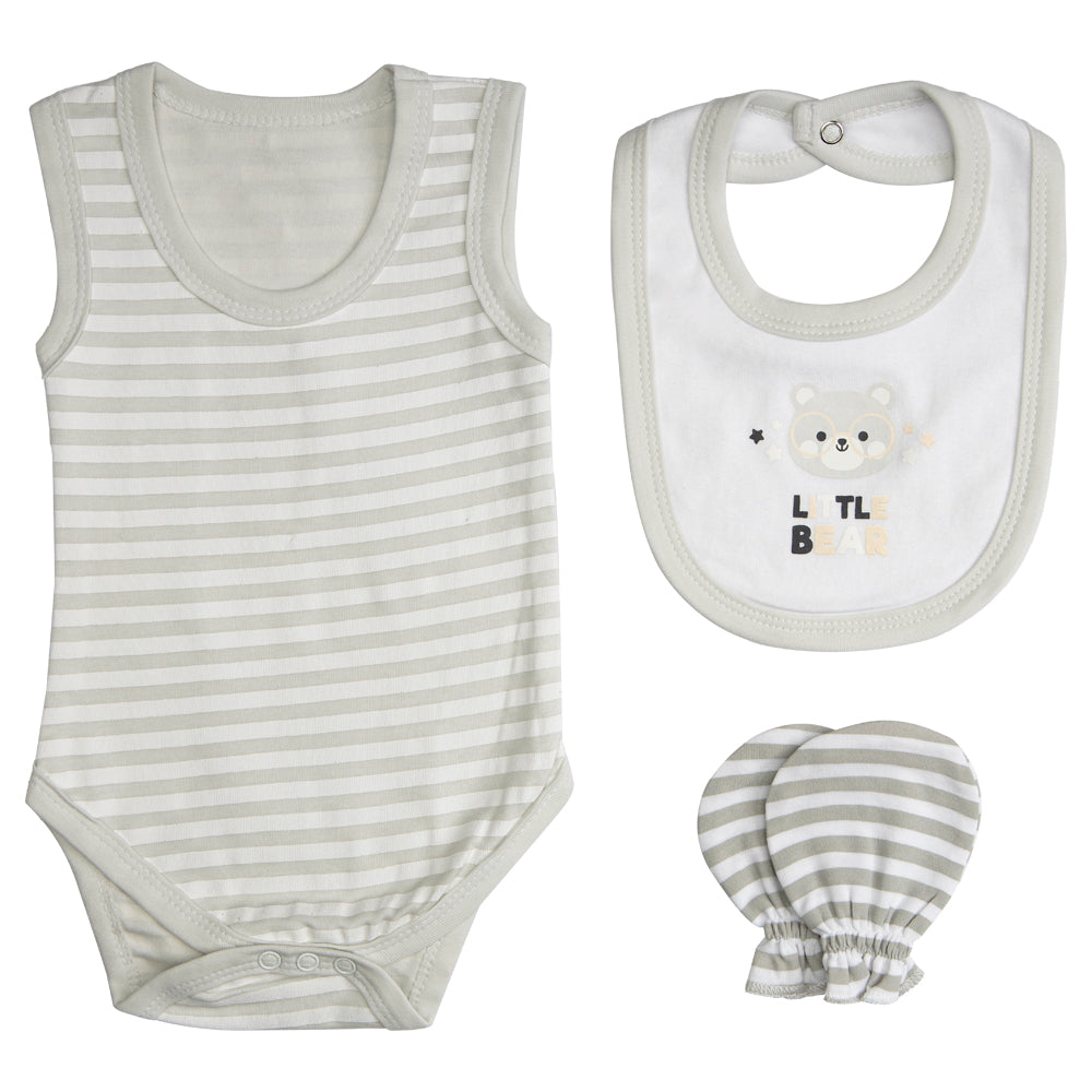 7pc Cotton Set - Bib, Romper, Mittens, Socks, Cap, Top & Pyjama -Grey