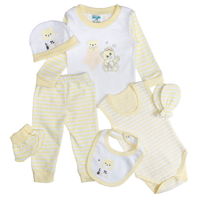 7pc Cotton Set - Bib, Romper, Mittens, Socks, Cap, Top & Pyjama -Yellow