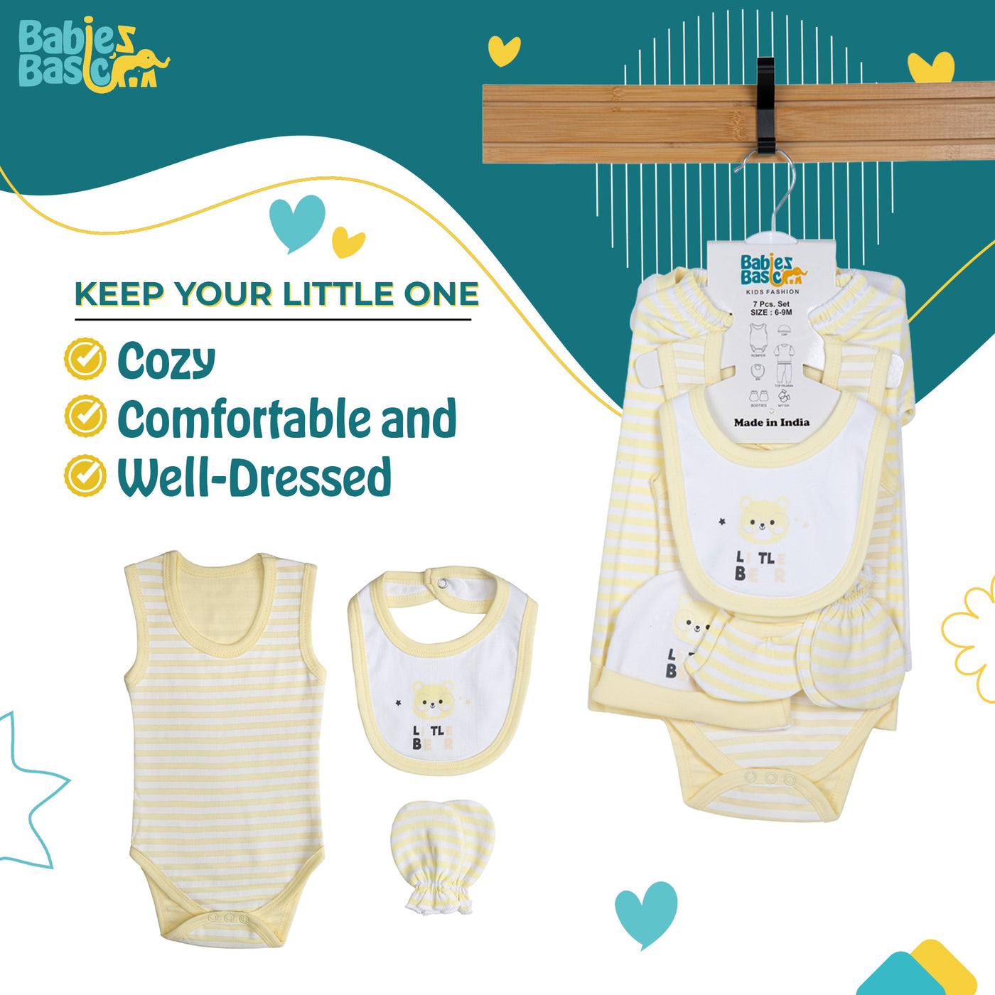 7pc Cotton Set - Bib, Romper, Mittens, Socks, Cap, Top & Pyjama -Yellow