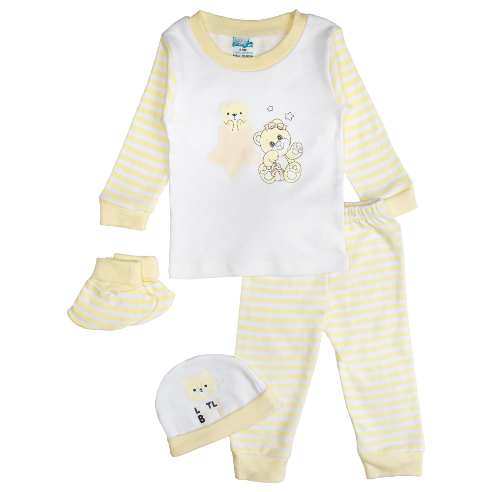 7pc Cotton Set - Bib, Romper, Mittens, Socks, Cap, Top & Pyjama -Yellow