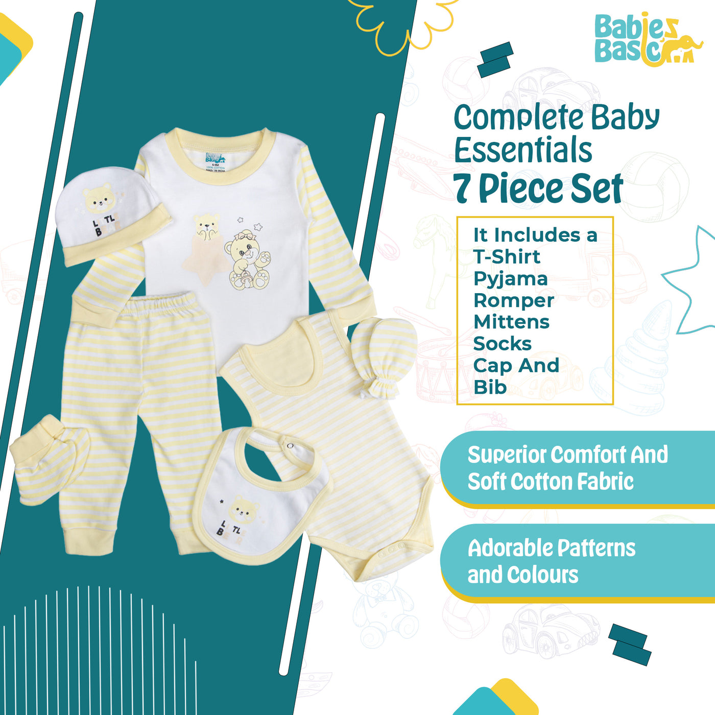 7pc Cotton Set - Bib, Romper, Mittens, Socks, Cap, Top & Pyjama -Yellow