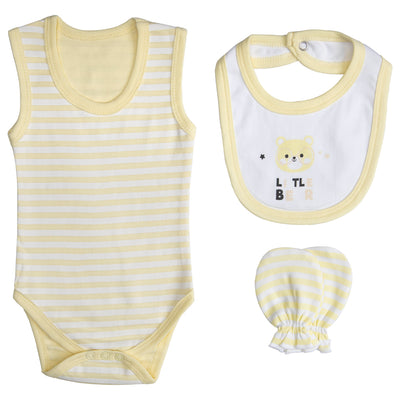 7pc Cotton Set - Bib, Romper, Mittens, Socks, Cap, Top & Pyjama -Yellow