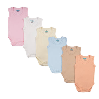 Babies Basic - 6pc-Set - 100% Cotton Sleeveless Bodysuit ‚ Blue, Brown, Orange,Pink,Lemon, White