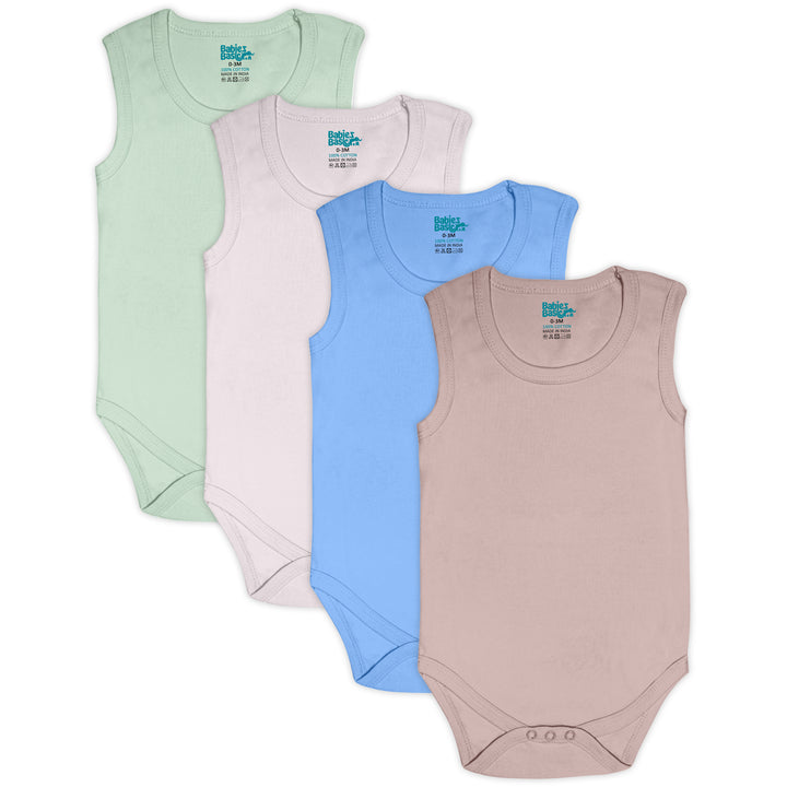 Babies Basic - 4pc-Set - 100% Cotton Sleevless Bodysuit ‚Green, Beige, Blue, Mocha