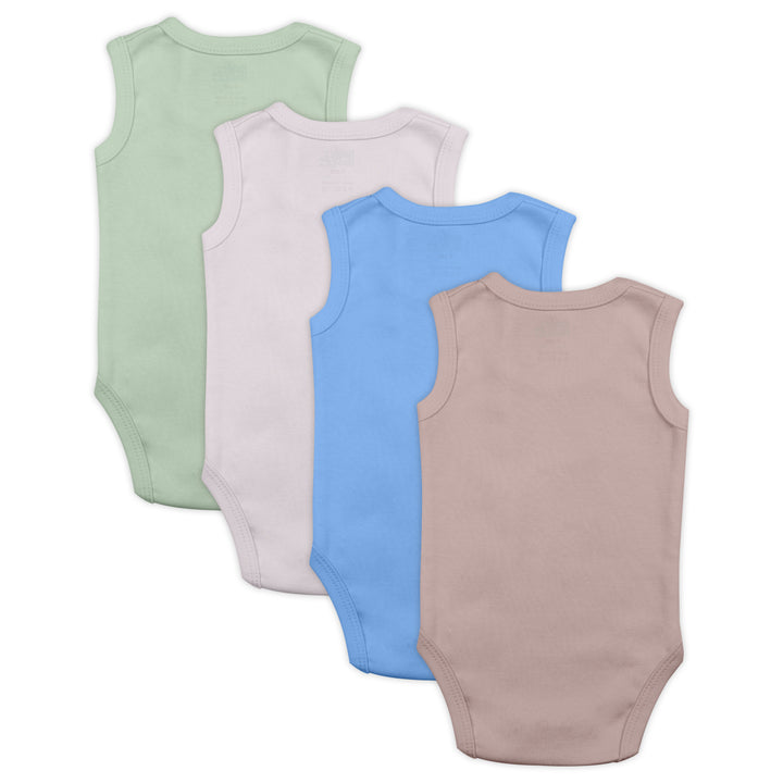 Babies Basic - 4pc-Set - 100% Cotton Sleevless Bodysuit ‚Green, Beige, Blue, Mocha