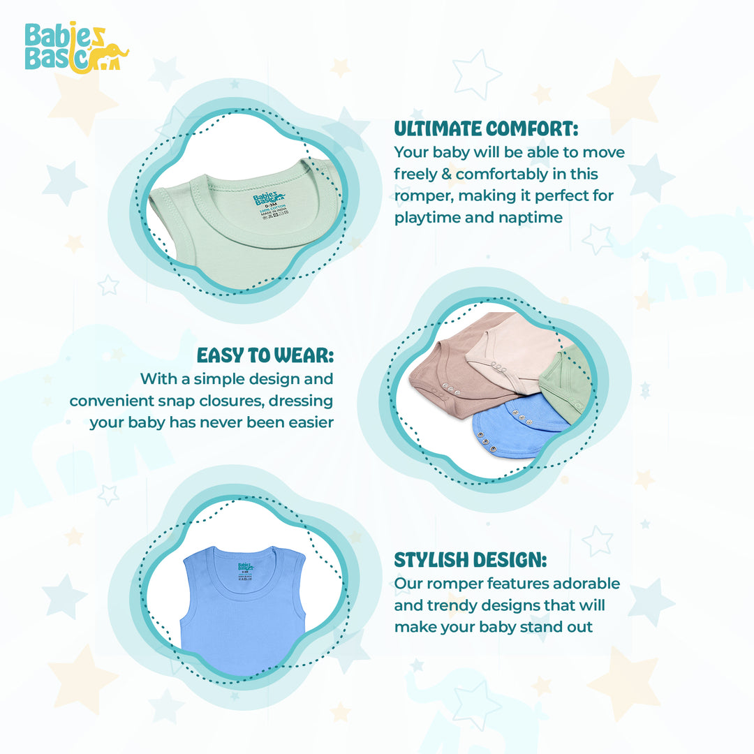 Babies Basic - 4pc-Set - 100% Cotton Sleevless Bodysuit ‚Green, Beige, Blue, Mocha