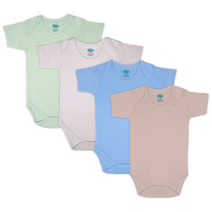Babies Basic - 4pc-Set - 100% Cotton Short Sleeves Bodysuit ‚Green, Beige, Blue, Mocha