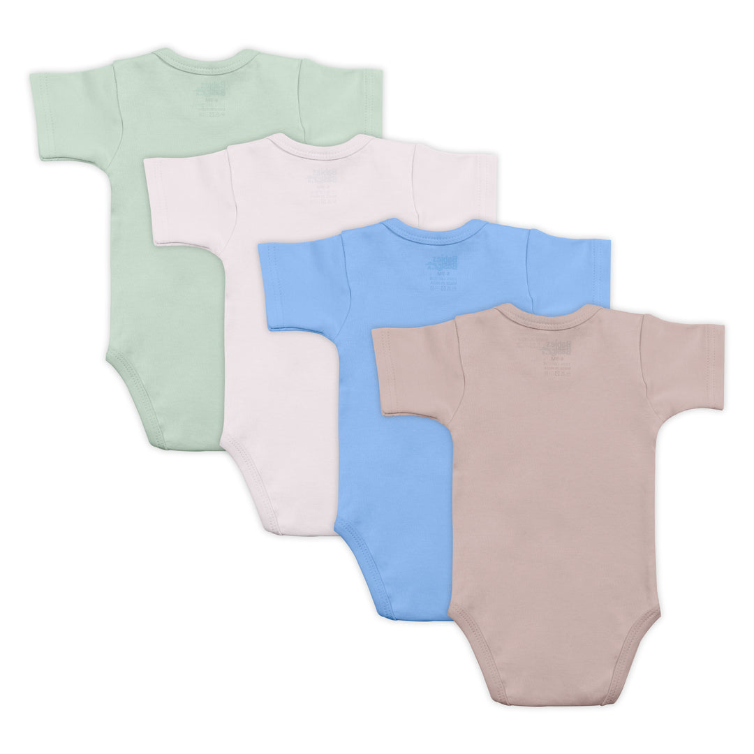 Babies Basic - 4pc-Set - 100% Cotton Short Sleeves Bodysuit ‚Green, Beige, Blue, Mocha