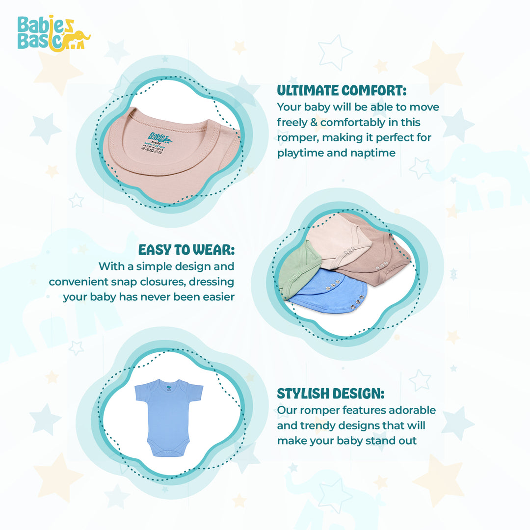 Babies Basic - 4pc-Set - 100% Cotton Short Sleeves Bodysuit ‚Green, Beige, Blue, Mocha