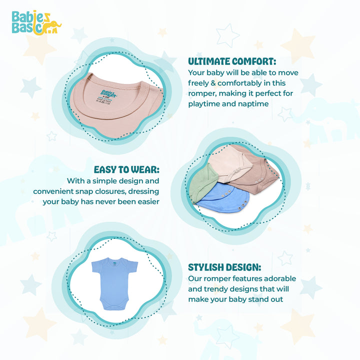 Babies Basic - 4pc-Set - 100% Cotton Short Sleeves Bodysuit ‚Green, Beige, Blue, Mocha