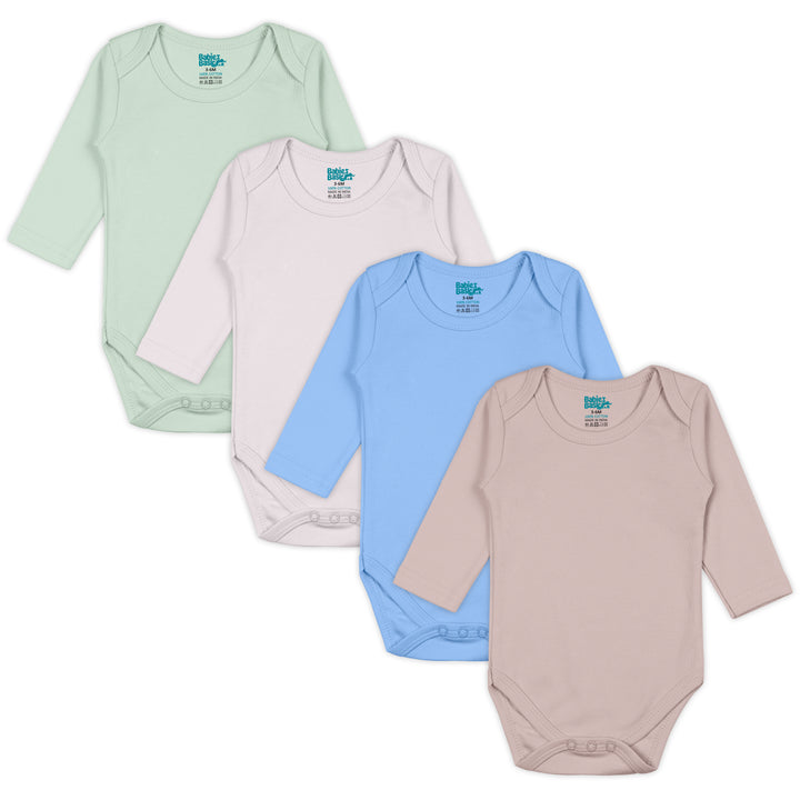 Babies Basic - 4pc-Set - 100% Cotton LongSleeve Bodysuit ‚Green, Beige, Blue, Mocha