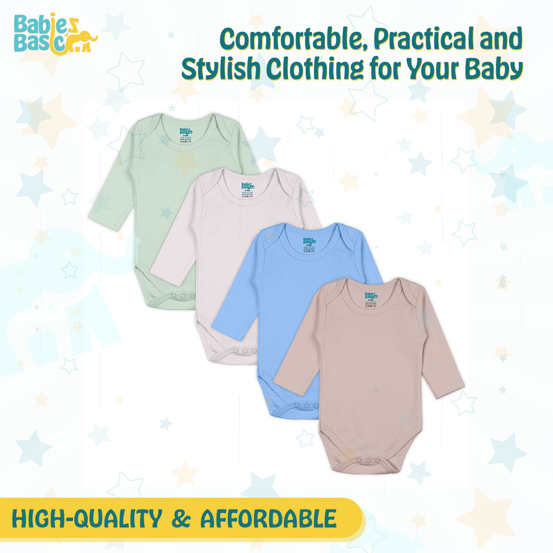 Babies Basic - 4pc-Set - 100% Cotton LongSleeve Bodysuit ‚Green, Beige, Blue, Mocha