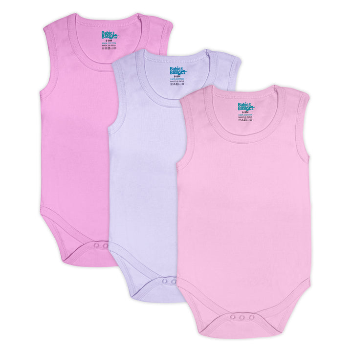 Babies Basic - 3pc-Set - 100% Cotton Sleevless Bodysuit ‚Pink, Lavender, L.Pink