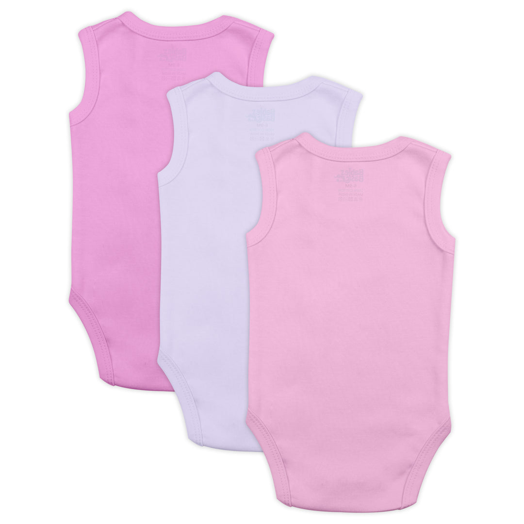 Babies Basic - 3pc-Set - 100% Cotton Sleevless Bodysuit ‚Pink, Lavender, L.Pink