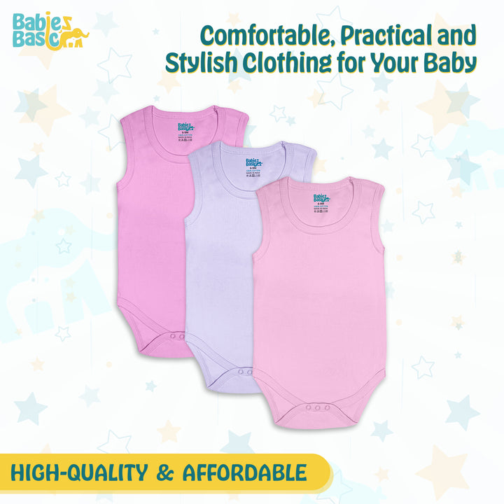 Babies Basic - 3pc-Set - 100% Cotton Sleevless Bodysuit ‚Pink, Lavender, L.Pink