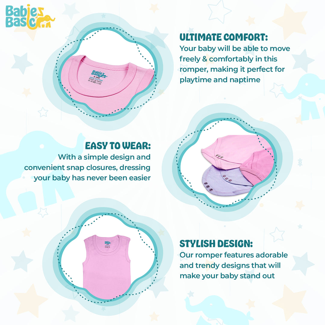 Babies Basic - 3pc-Set - 100% Cotton Sleevless Bodysuit ‚Pink, Lavender, L.Pink