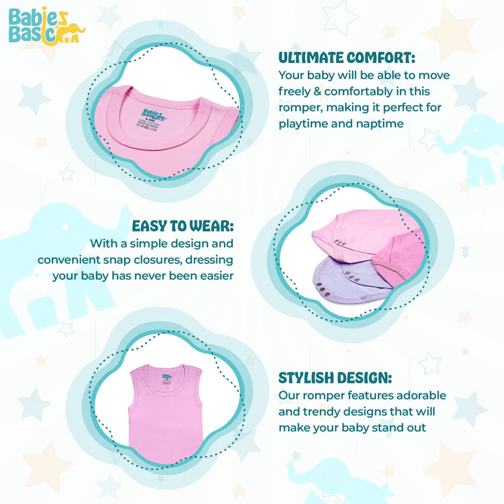 Babies Basic - 3pc-Set - 100% Cotton Sleevless Bodysuit ‚Pink, Lavender, L.Pink