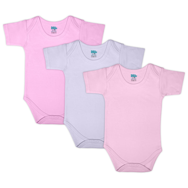 Babies Basic - 3pc-Set - 100% Cotton Short Sleeves Bodysuit ‚Pink, Lavender, L.Pink