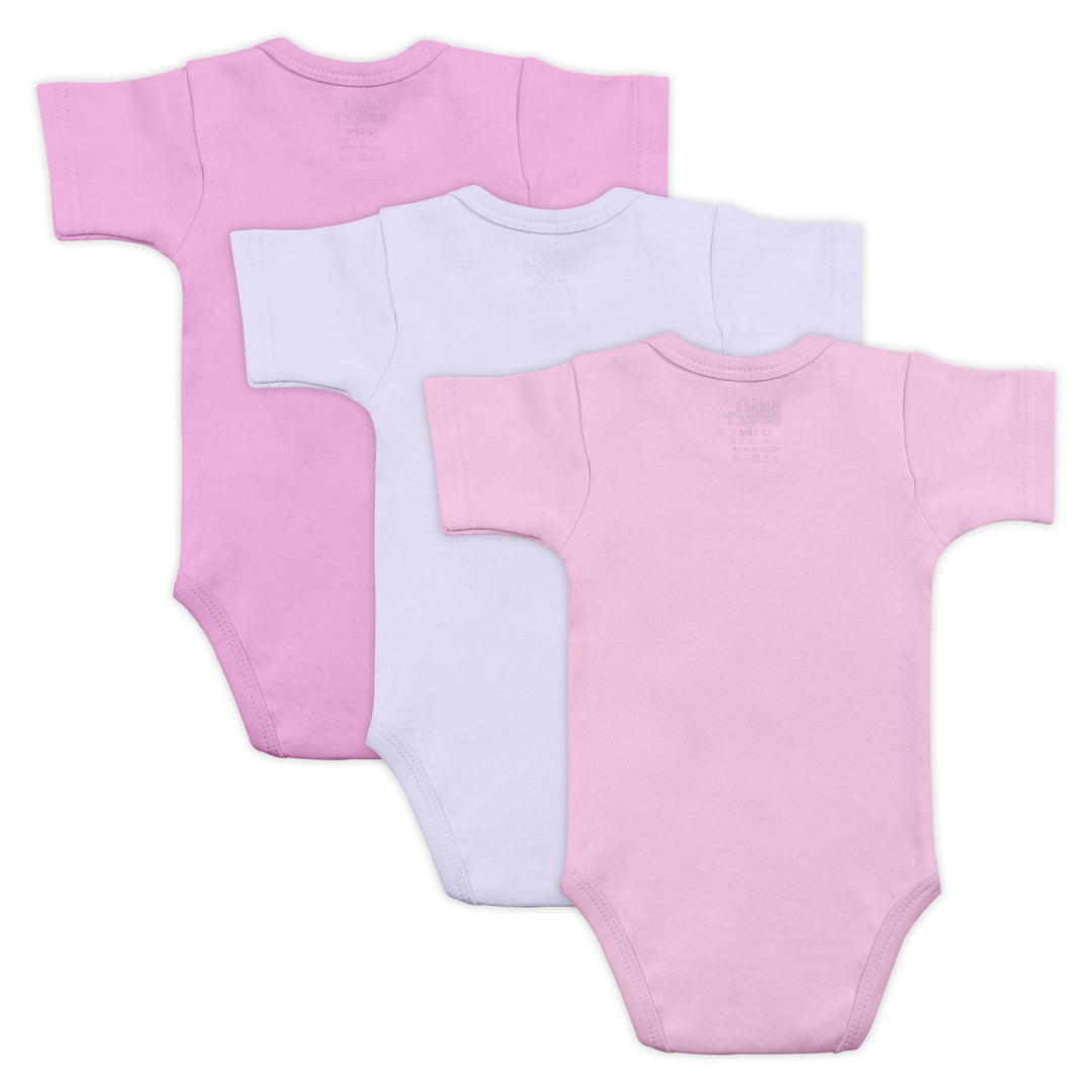 Babies Basic - 3pc-Set - 100% Cotton Short Sleeves Bodysuit ‚Pink, Lavender, L.Pink