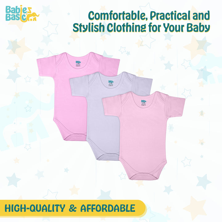 Babies Basic - 3pc-Set - 100% Cotton Short Sleeves Bodysuit ‚Pink, Lavender, L.Pink