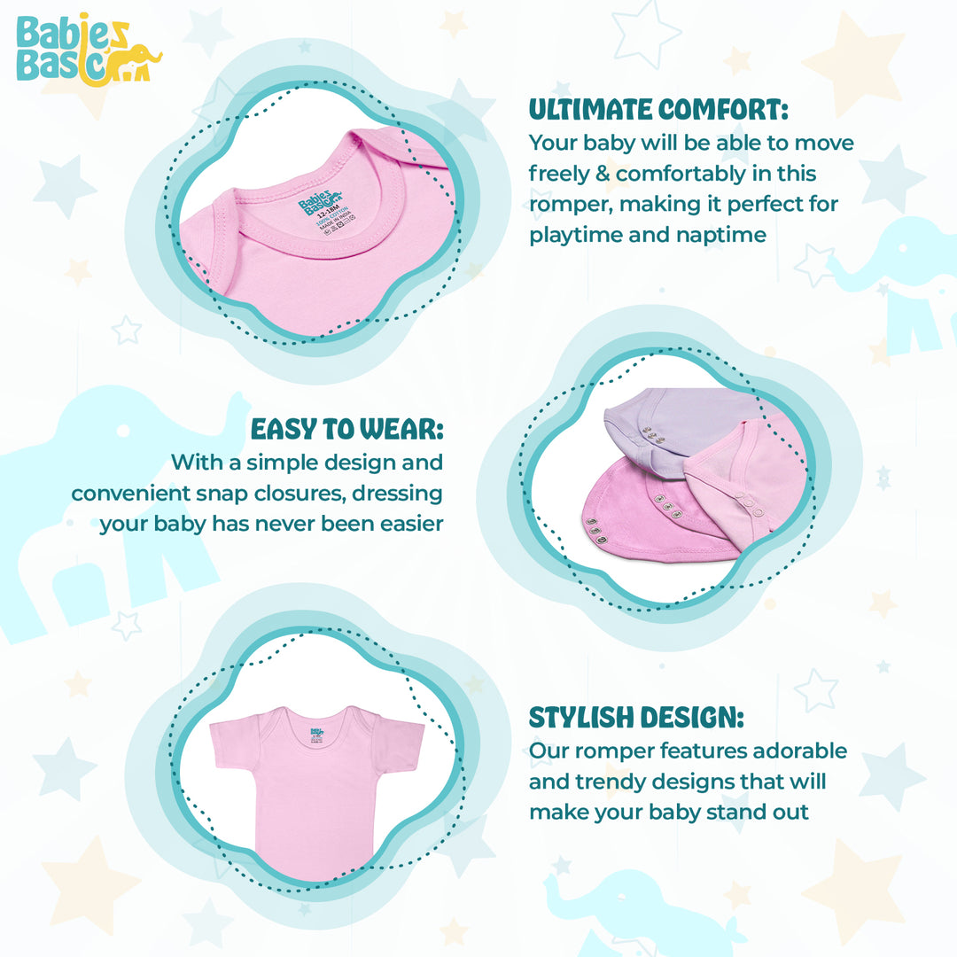 Babies Basic - 3pc-Set - 100% Cotton Short Sleeves Bodysuit ‚Pink, Lavender, L.Pink