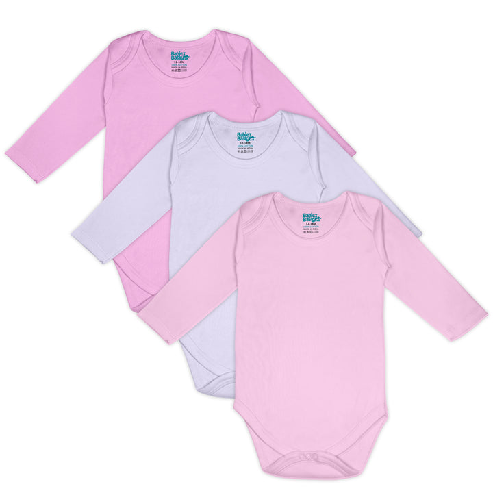 Babies Basic - 3pc-Set - 100% Cotton Long Sleeves Bodysuit ‚Pink, Lavender, L.Pink