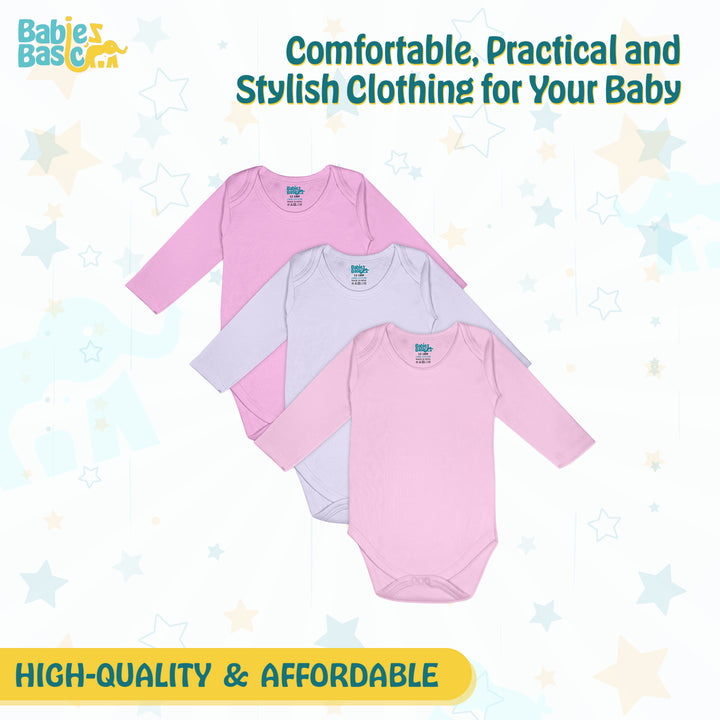 Babies Basic - 3pc-Set - 100% Cotton Long Sleeves Bodysuit ‚Pink, Lavender, L.Pink