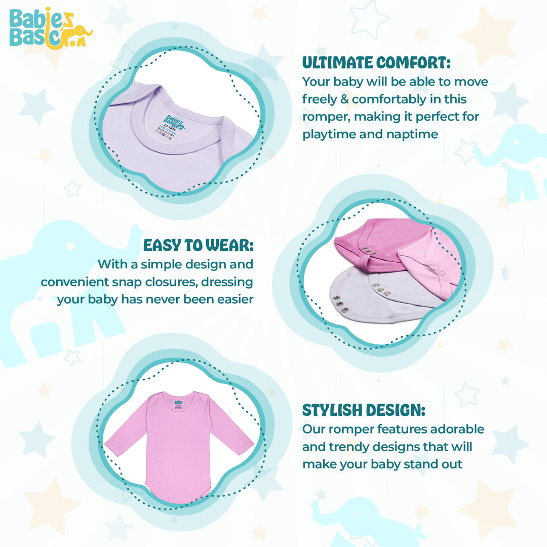 Babies Basic - 3pc-Set - 100% Cotton Long Sleeves Bodysuit ‚Pink, Lavender, L.Pink