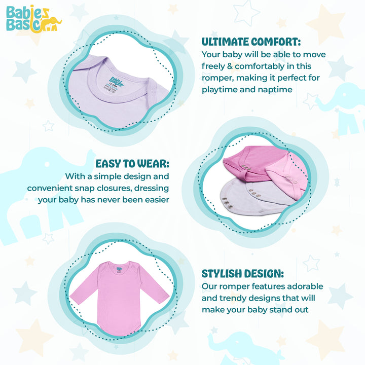 Babies Basic - 3pc-Set - 100% Cotton Long Sleeves Bodysuit ‚Pink, Lavender, L.Pink