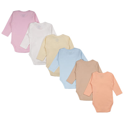 Babies Basic - 6pc-Set - 100% Cotton LongSleeve Bodysuit ‚ Pink, Lemon, White, Brown, Blue, Orange