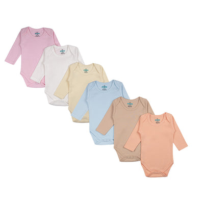 Babies Basic - 6pc-Set - 100% Cotton LongSleeve Bodysuit ‚ Pink, Lemon, White, Brown, Blue, Orange