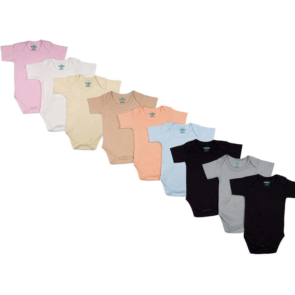 Babies Basic - 9pc-Set - 100% Cotton ShortSleeve Bodysuit ‚ Pink, Lemon, White, Brown, Blue, Orange, Black, Navy, Grey