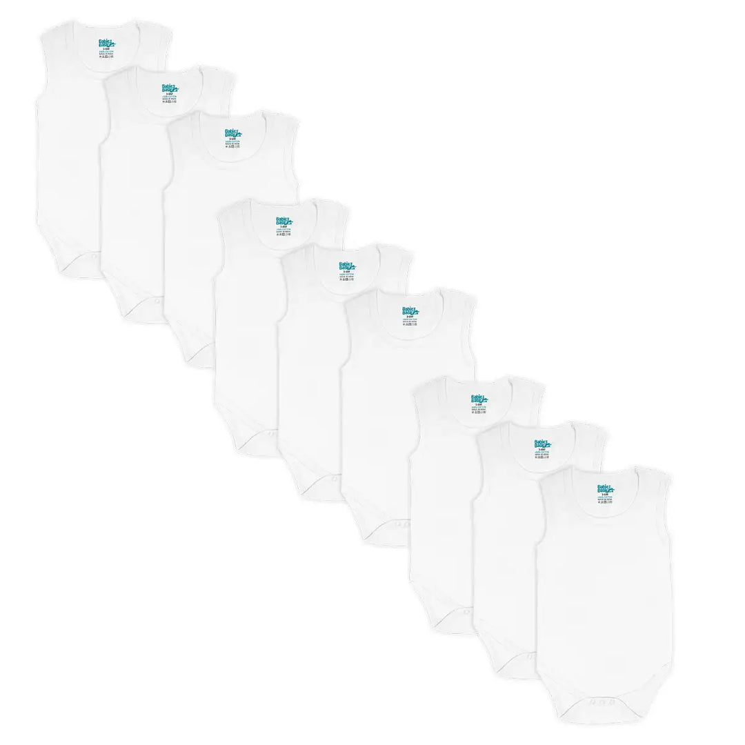 Babies Basic 100% Super Combed Cotton, Sleeveless Romper/Bodysuit, for New Born to 24months. Set of 9 - White
