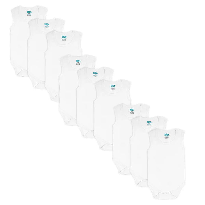 Babies Basic 100% Super Combed Cotton, Sleeveless Romper/Bodysuit, for New Born to 24months. Set of 9 - White