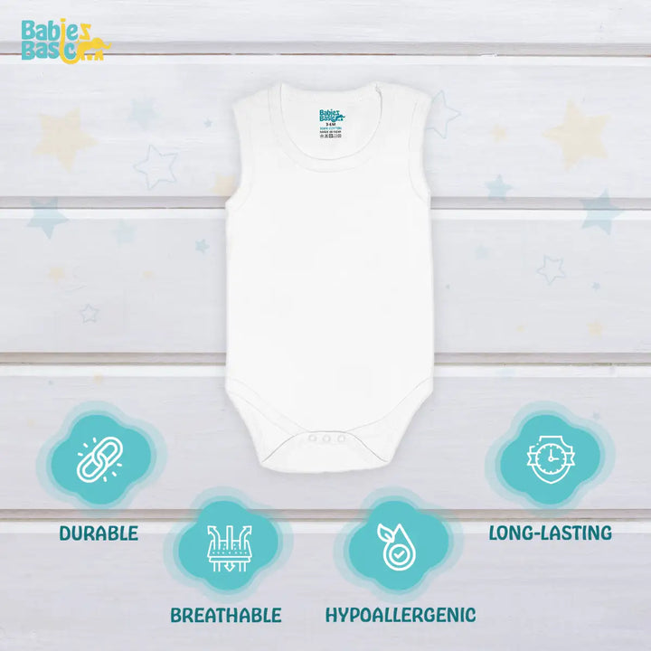 Babies Basic 100% Super Combed Cotton, Sleeveless Romper/Bodysuit, for New Born to 24months. Set of 9 - White