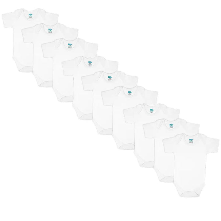 Babies Basic 100% Super Combed Cotton, Short Sleeves Romper/Bodysuit, for New Born to 24months. Set of 9 - White