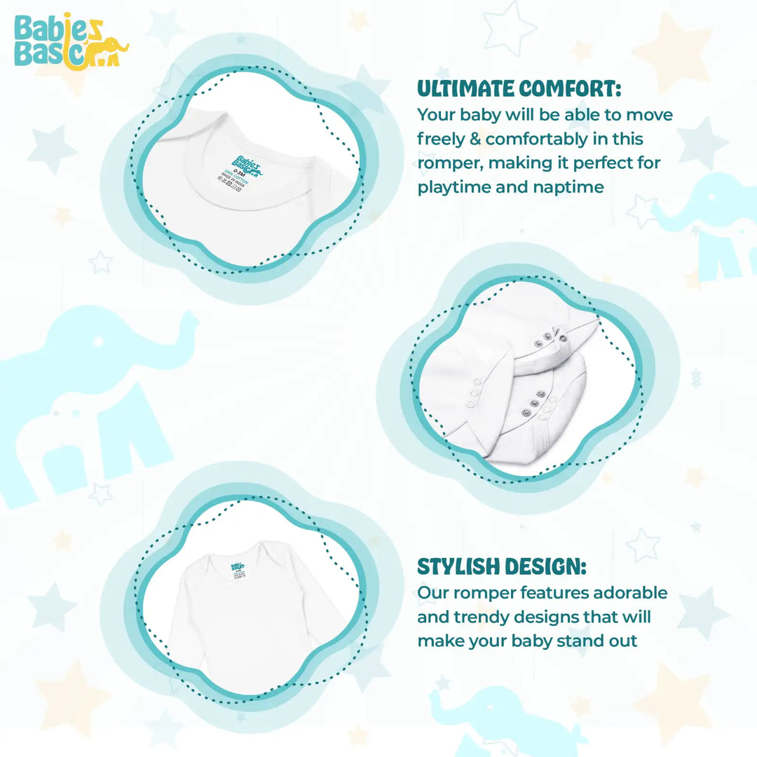 Babies Basic 100% Super Combed Cotton, Long Sleeves Romper/Bodysuit, for New Born to 24months. Set of 9 - White