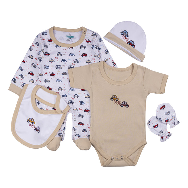 Babiesbasic 5 Piece Unisex Baby Clothing Set - Peach | 100% Cotton | Bright & Cheerful