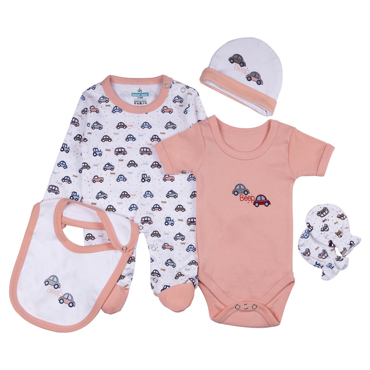 Babiesbasic 5 Piece Unisex Baby Clothing Set - Peach | 100% Cotton | Bright & Cheerful
