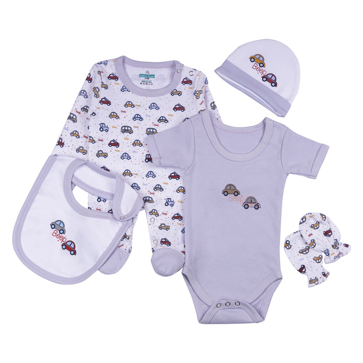 Babiesbasic 5 Piece Unisex Baby Clothing Set - Peach | 100% Cotton | Bright & Cheerful