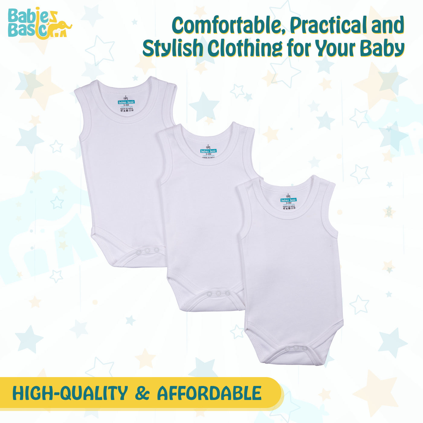 Set of 3 Sleeveless Rompers/Bodysuits - White | Up to 24 Months | 100% Cotton |  For Classic & Comfortable Baby Essentials