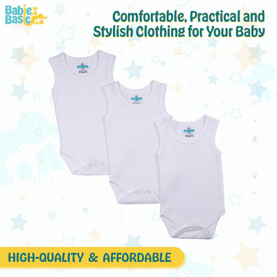 Set of 3 Sleeveless Rompers/Bodysuits - White | Up to 24 Months | 100% Cotton |  For Classic & Comfortable Baby Essentials